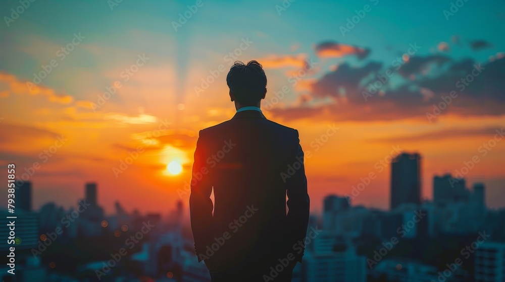 A man in a suit looking out over a city at sunset. A man in a suit looking out over a city at sunset.