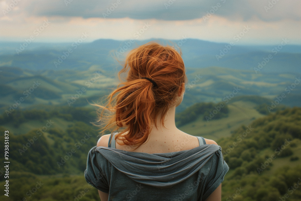Vue de dos d'une Jeune femme rousse en voyage qui regarde un magnifique panorama de montagne Vue de dos d'une Jeune femme rousse en voyage qui regarde un magnifique panorama de montagne