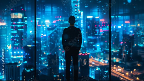 A man in a suit looking out at a futuristic city at night.