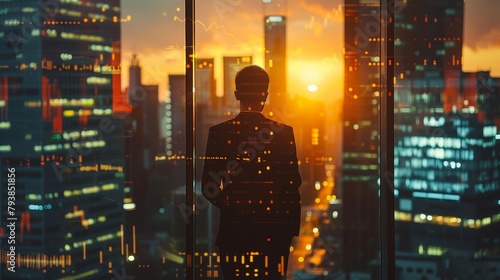 A man in a suit looking out at the city from a skyscraper window at sunset.