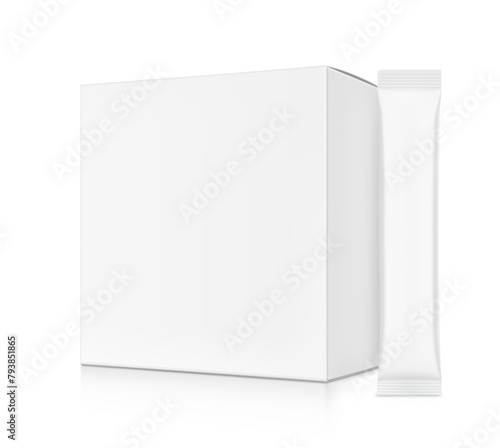 Universal blank cardboard box with stick mockup set. Vector illustration isolated on white background. Can be use for template your design, presentation. EPS10.