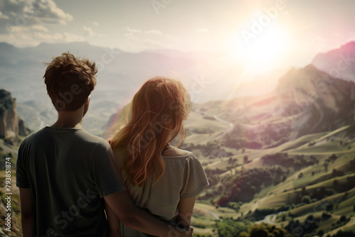Vue de dos d'un couple de jeunes amoureux  en voyage qui regarde un magnifique panorama de montagne photo