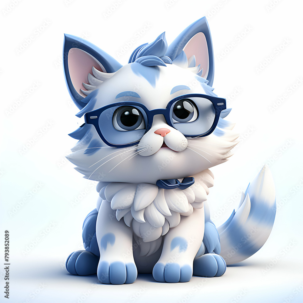Cute cat in glasses. Cartoon character. 3D rendering.