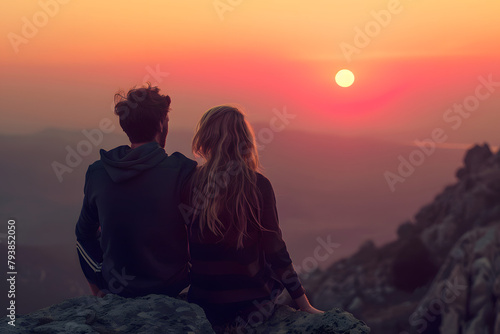 A couple watching a sunset from a mountain top, backs to the camera, against a serene coral background, with copy space below for inspirational quotes or travel tips photo