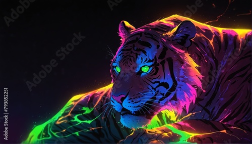 yellow neon light glowing tiger on plain black background from Generative AI