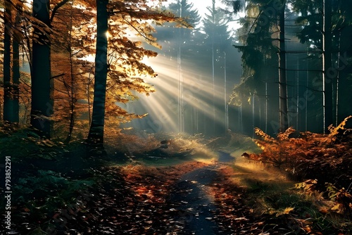 A sunlit path through the woods, with rays of light filtering through the trees.