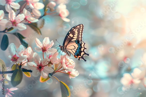 A beautiful spring background with flowers, butterflies and sunlight shining through