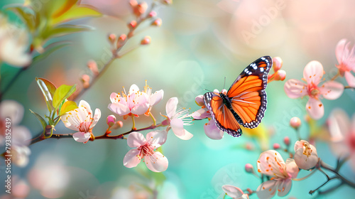 A beautiful spring background with flowers, butterflies and sunlight shining through © Sarah