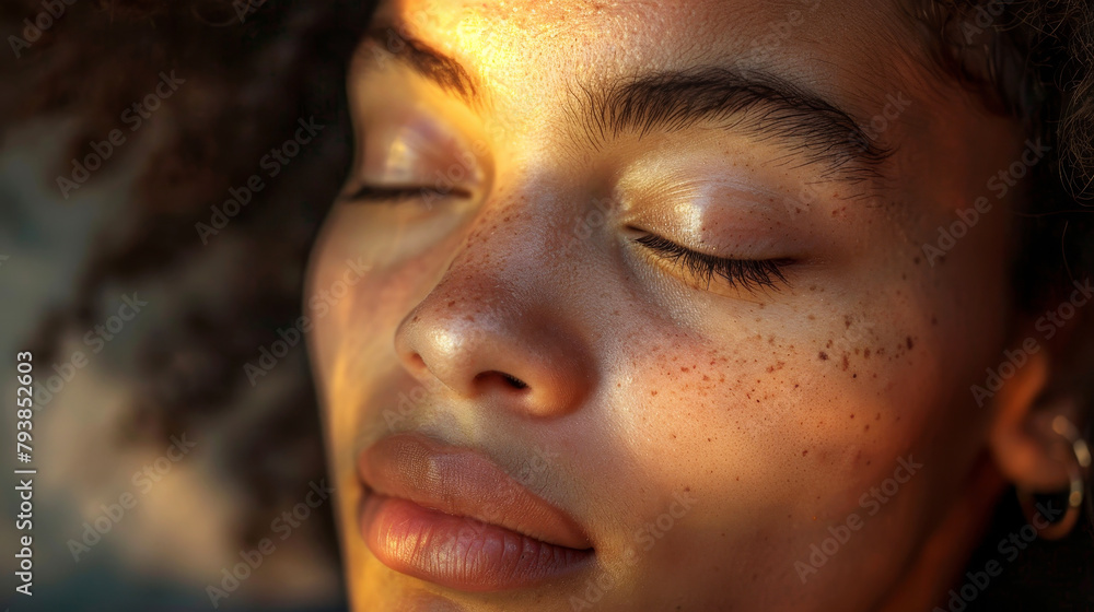 Close-up of a serene person's face with closed eyes in golden light Close-up of a serene person's face with closed eyes in golden light