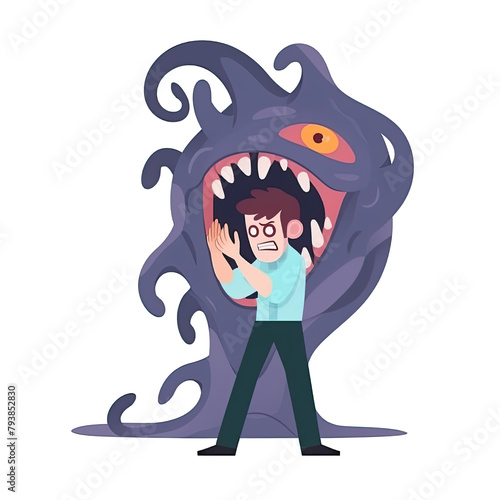 An illustration of a fearful man with a monster behind him photo