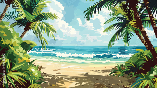 Fototapeta Naklejka Na Ścianę i Meble -  Beautiful tropical beach scene vector illustration vector