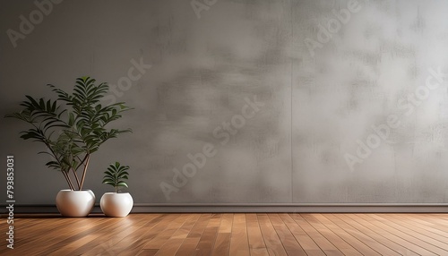 Empty Gray Concrete Wall for Product Presentation, Copy Space, Brown Parquet Floor