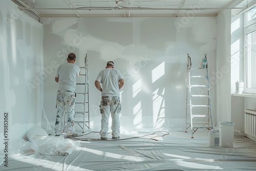 Two male painters in white overalls meticulously painting interior walls in a bright room © Robert Kneschke