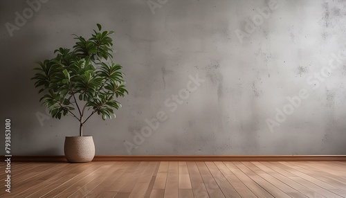 Copy Space on Gray Concrete Empty Wall, Room Mockup, Brown Parquet Floor