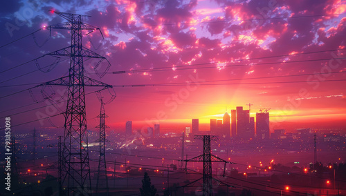 Sunset over city skyline with silhouette of electric grid and high voltage lines