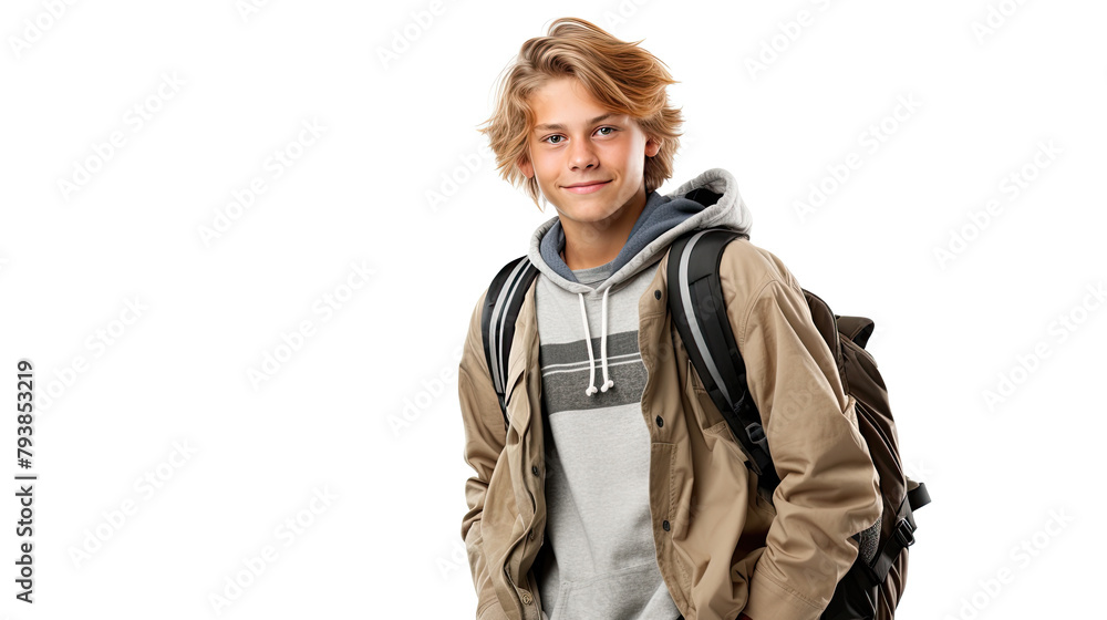 Cute scandinavian teenager boy with school bag and books over white isolated background, half body, as school, education concept Cute scandinavian teenager boy with school bag and books over white isolated background, half body, as school, education concept