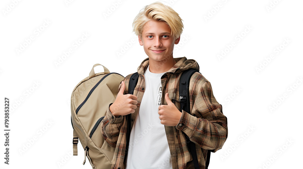 Cute scandinavian teenager boy with school bag and books over white isolated background, half body, as school, education concept Cute scandinavian teenager boy with school bag and books over white isolated background, half body, as school, education concept