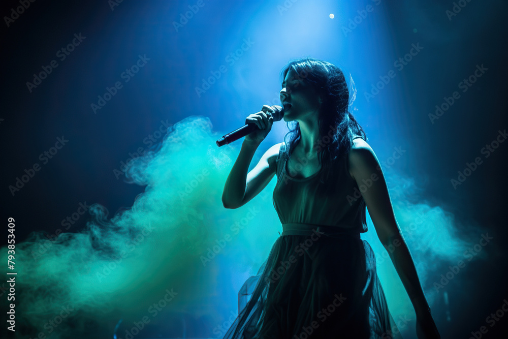 Modern Female Pop Singer Performs A Song On A Foggy Blue-Lit Concert Stage