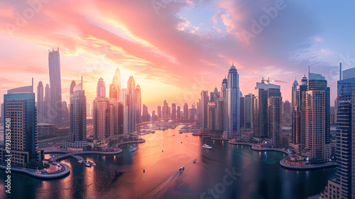 Dubai Marina skyline with modern skyscrapers at sunset © Cedar