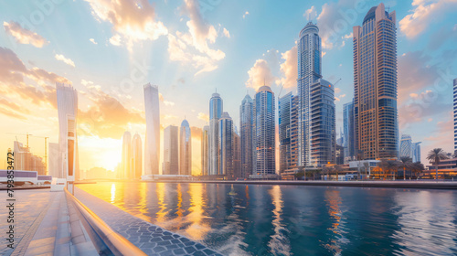 Dubai Marina skyline with modern skyscrapers at sunset