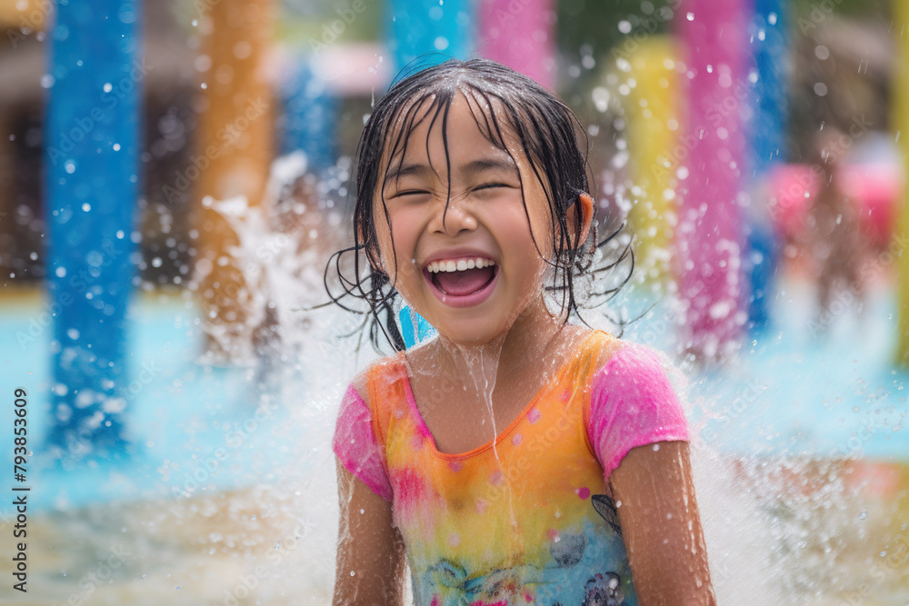 Fototapeta premium Sweet Child Enjoys In Water Park, Amusement Place For Kids