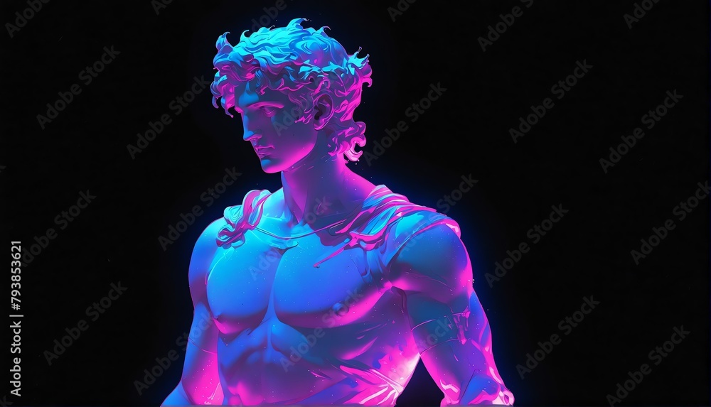 blue neon light glowing god apollo greek statue on pla plain black background from Generative AI - obrazy, fototapety, plakaty 