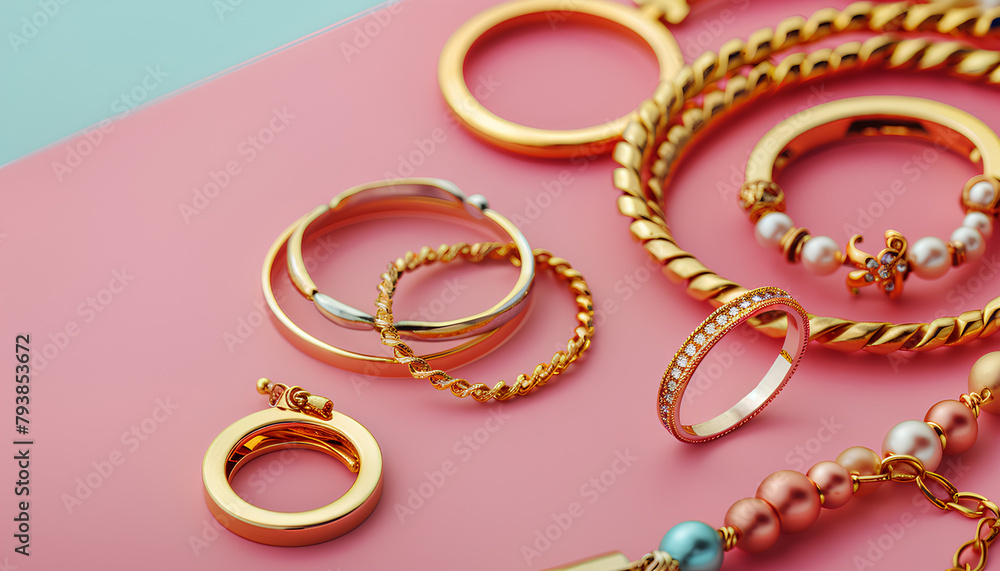 Composition with different golden rings and bracelets on color background Composition with different golden rings and bracelets on color background