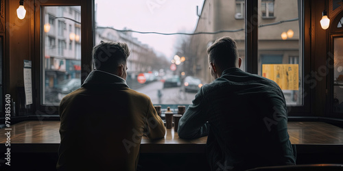 Two Male Freinds Eating In City Cafe, Back View, Lgbt Concept
