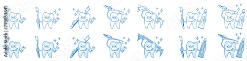 cartoon smiling tooth, prevention of tooth cleaning, cartoon tooth standing in a different pose, vector artwork