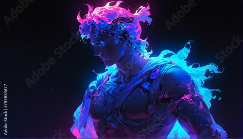 blue neon light glowing god apollo greek statue on pla plain black background from Generative AI
