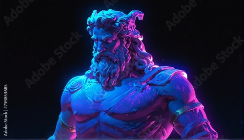 blue neon light glowing god zeus greek statue on plain black background from Generative AI