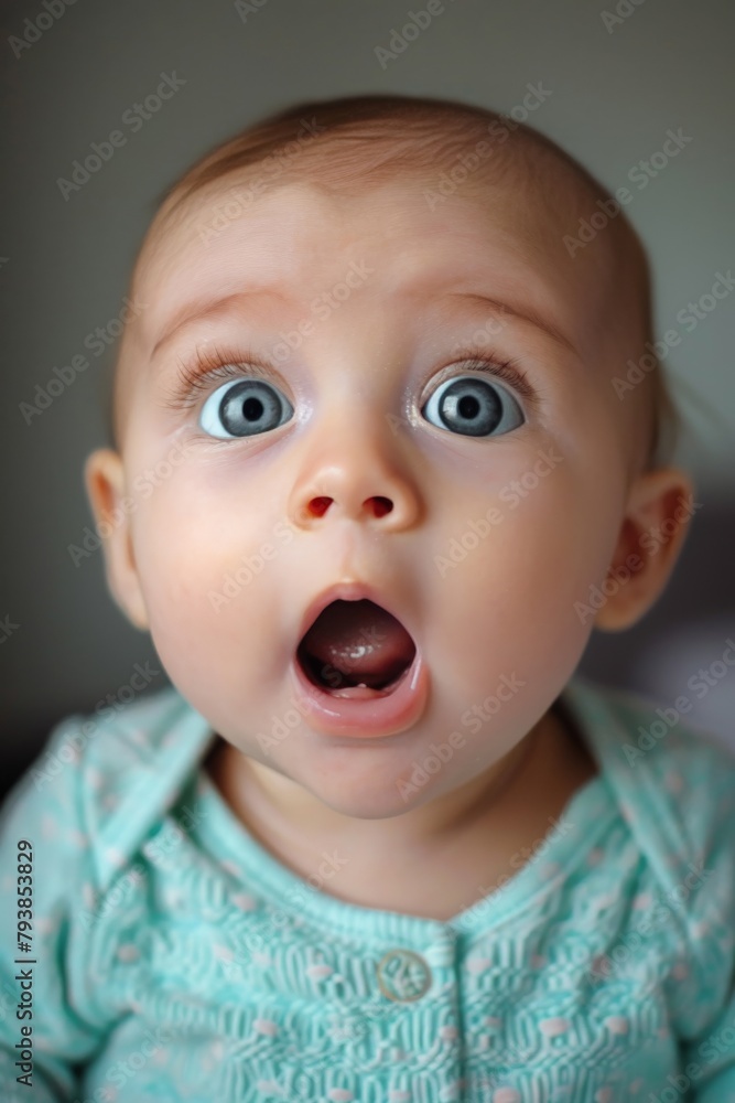 The sudden surprise on a baby's face, wide-eyed and mouth agape, as they experience a new sound or sight for the first time. The sudden surprise on a baby's face, wide-eyed and mouth agape, as they experience a new sound or sight for the first time.