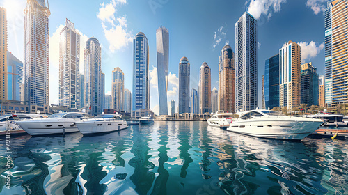 Dubai Marina with modern skyscrapers and residential background photo