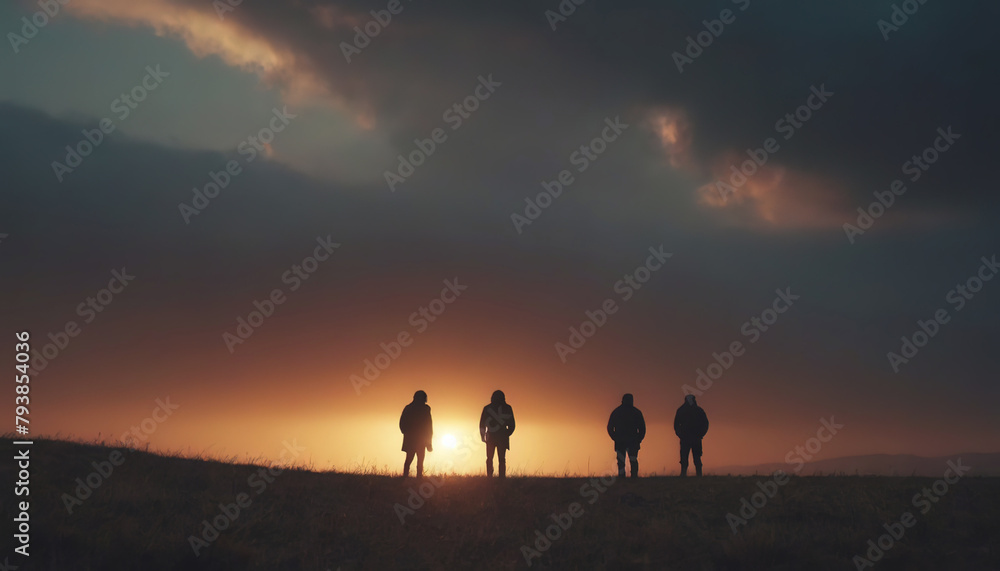 Group of happy friends are having fun with raised arms together in front of mountain and enjoy sunrise sunset showing unity and teamwork. Friendship happiness leisure partnership team concept