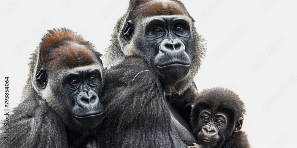 portrait of gorilla family with baby, isolated on white background portrait of gorilla family with baby, isolated on white background