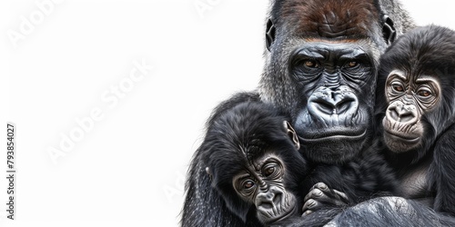 portrait of gorilla family with baby, isolated on white background