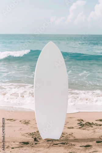 Serene Beach Day with Pristine White Surfboard on Sandy Shore