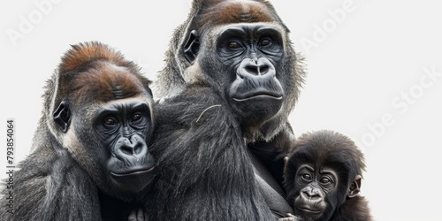 portrait of gorilla family with baby, isolated on white background