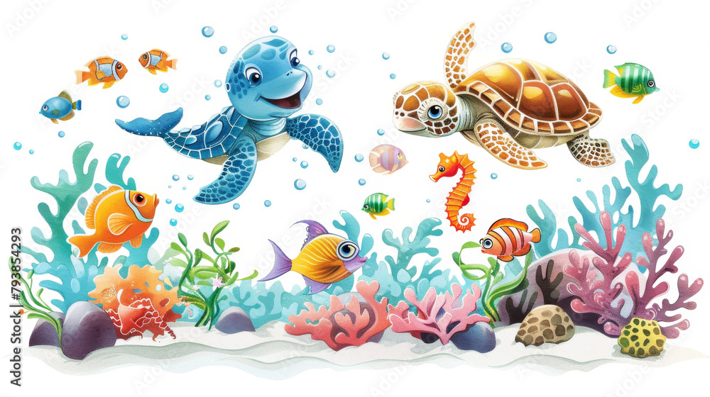 Fototapeta premium Colorful cartoon marine animals with a cute dolphin, turtle, and fish