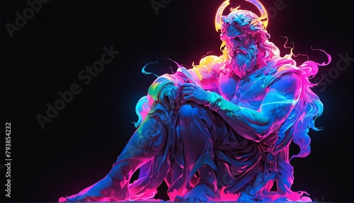 colorful neon light glowing god zeus greek statue on p plain black background from Generative AI