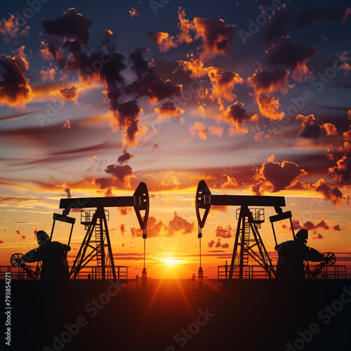 Oil pump jack on sunset background. Oil industry concept. 