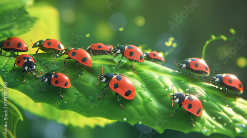 a group of ladybugs are on a green leaf.