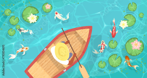 Chinese man swimming on boat in river with koifish