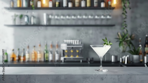 Bar counter with blank cocktail glass mockups for signature drinks photo