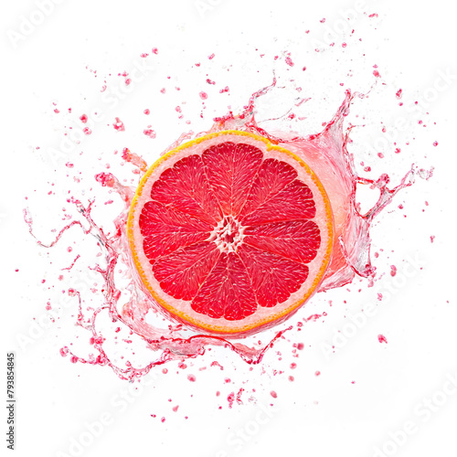 Grapefruit with segments and pink juice splash frozen in air Food and culinary concept