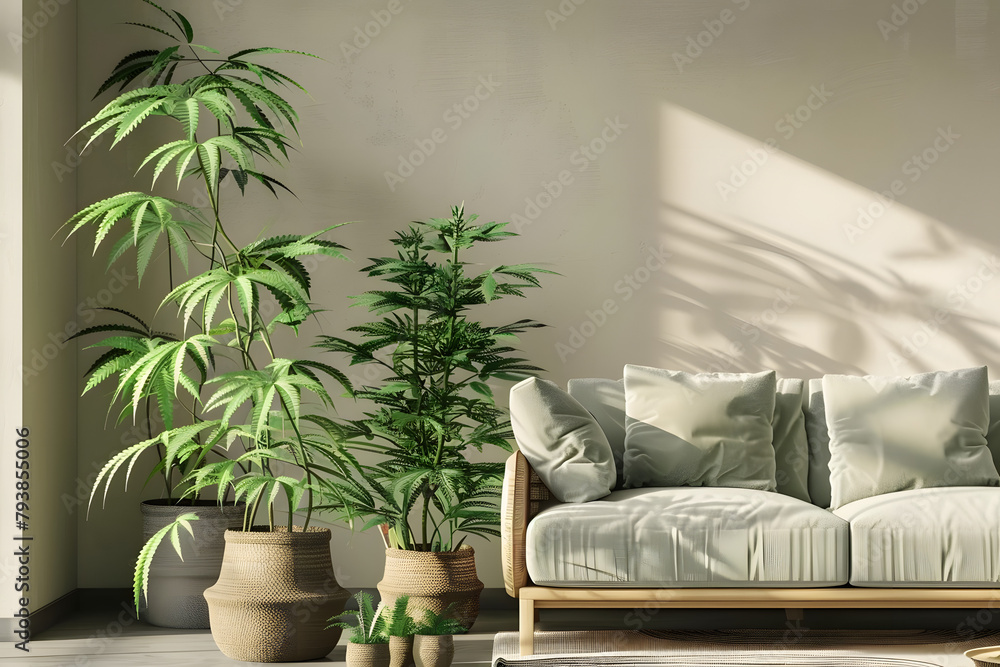 An interior designer incorporating cannabis plants into home decor, modern furniture around, isolated on a home style taupe background, showcasing indoor plant trends An interior designer incorporating cannabis plants into home decor, modern furniture around, isolated on a home style taupe background, showcasing indoor plant trends