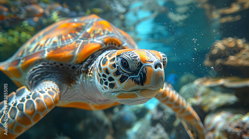Beautiful sea turtle swimming