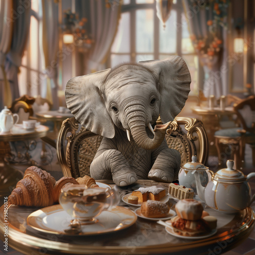 an little elephant is busily drinking tea at a table in a cozy cafe