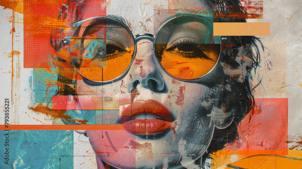 Abstract collage with colorful mixed media elements and portrait