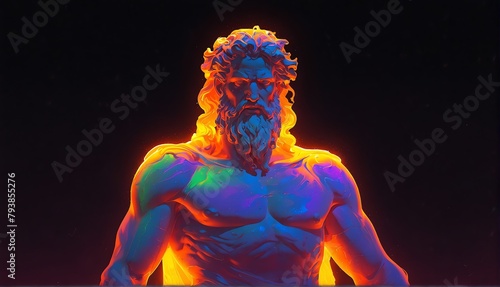orange neon light glowing god zeus greek statue on pla plain black background from Generative AI